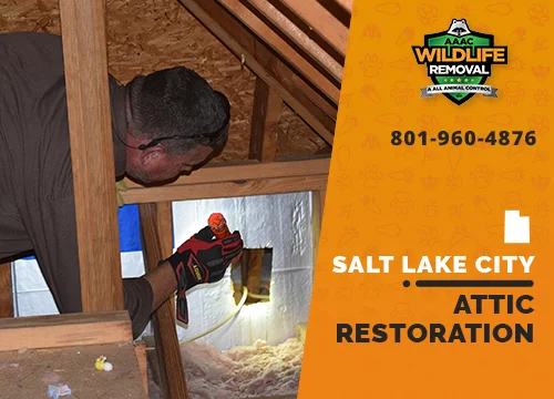 Wildlife Pest Control operator inspecting an attic in Salt Lake City before restoration